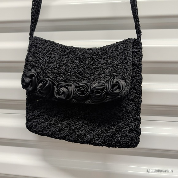Christian Livingston Crochet Crossbody Bag Black Satin Rosette Floral Small Zip — photo 2